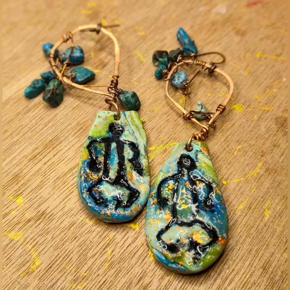 Rustic Native American Petroglyph Lizard On Turquoise Clay In Copper Earrings